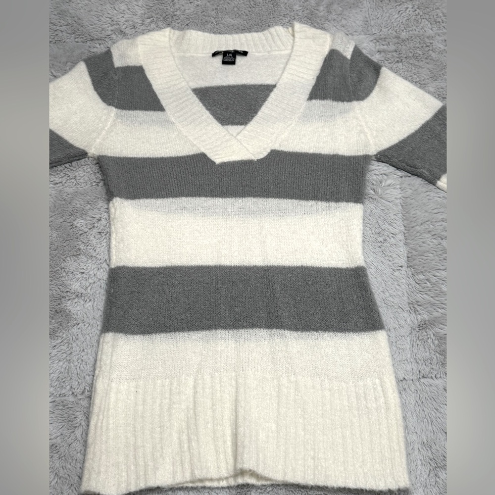 Beautiful Grey and white V neck striped sweater